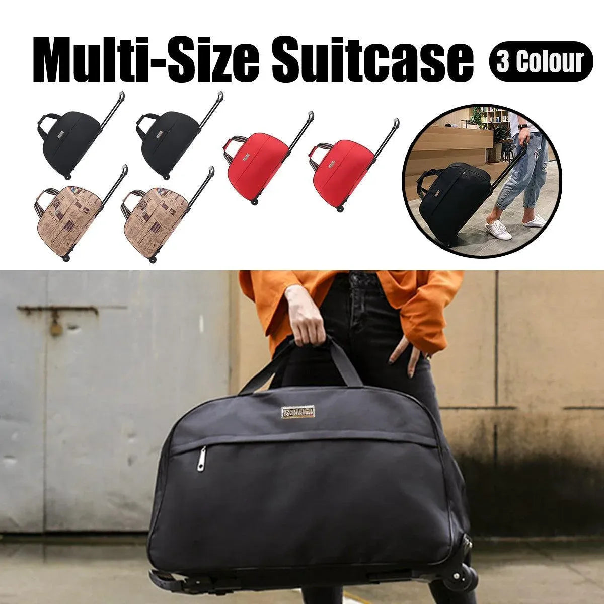 Wheeled Travel Duffle Trolley Bag Carry On Rolling Luggage Suitcase Tote Durable - Red-24in