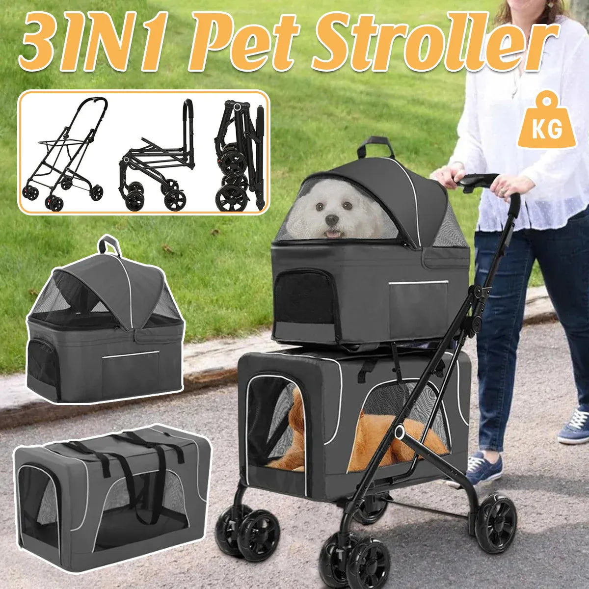 3 in 1 Portable Folding Pet Stroller Outdoor Travel Double Deck Cat Dog Carrier
