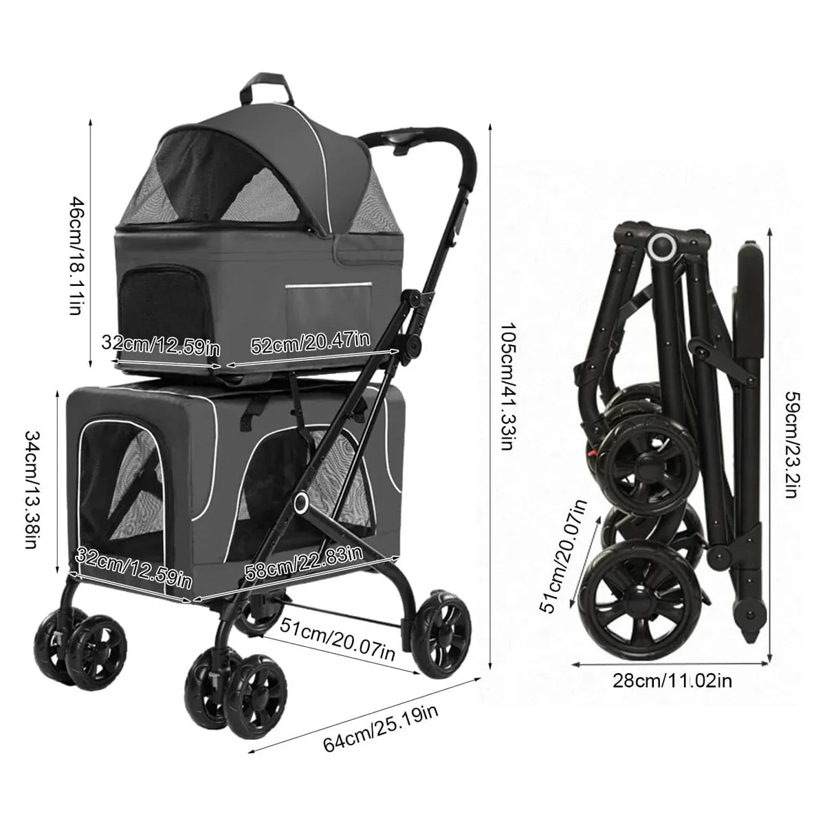 3 in 1 Portable Folding Pet Stroller Outdoor Travel Double Deck Cat Dog Carrier