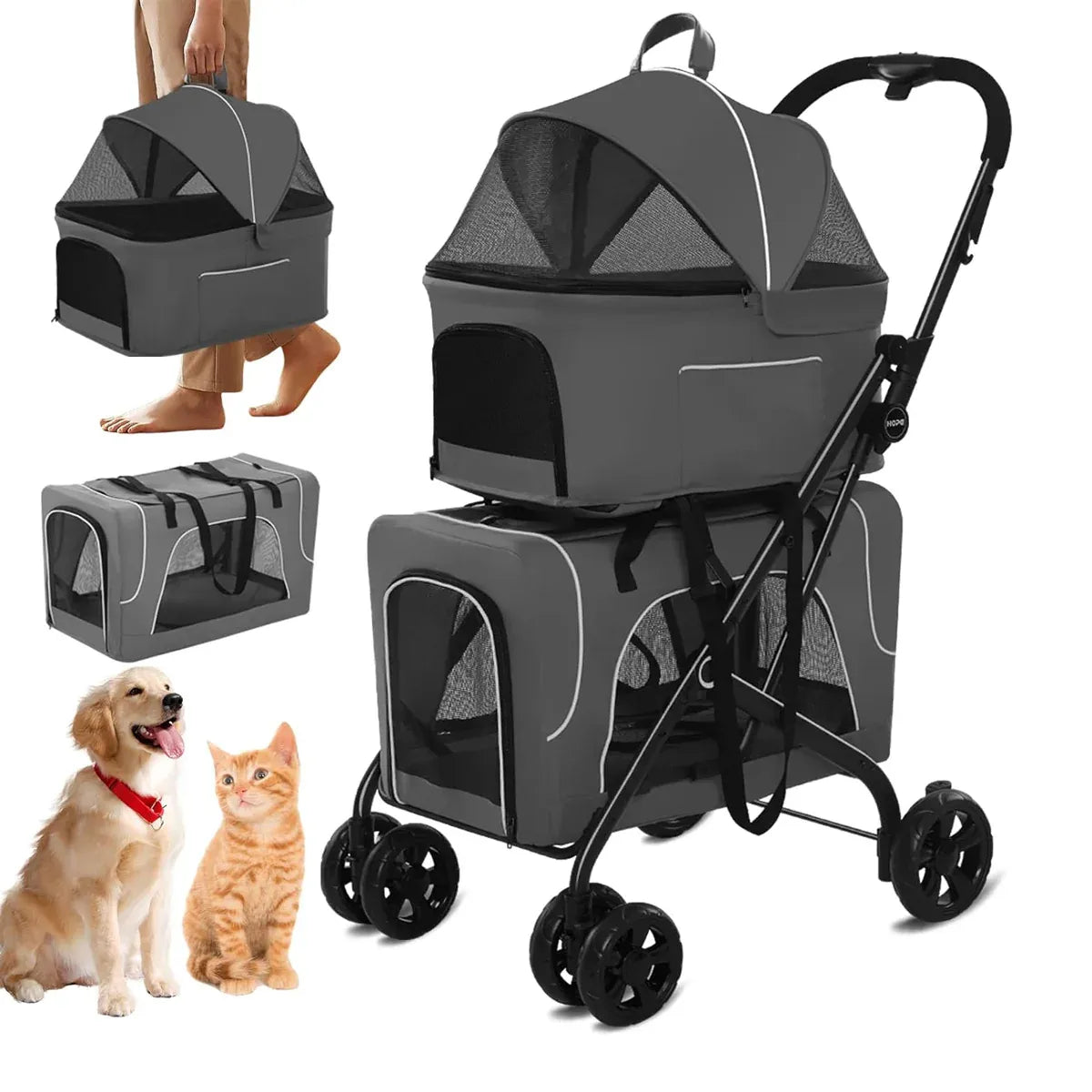 3 in 1 Portable Folding Pet Stroller Outdoor Travel Double Deck Cat Dog Carrier