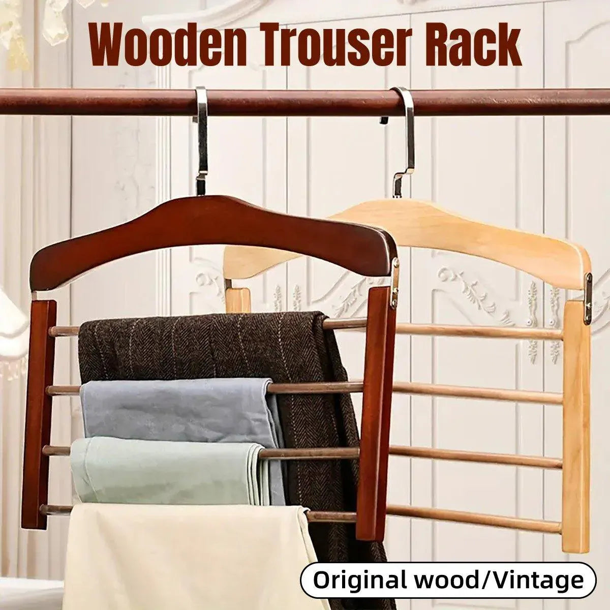 Multi Tier Wooden Trouser Rack Household Towel Rack Space Saving Pants Hanger - Retro