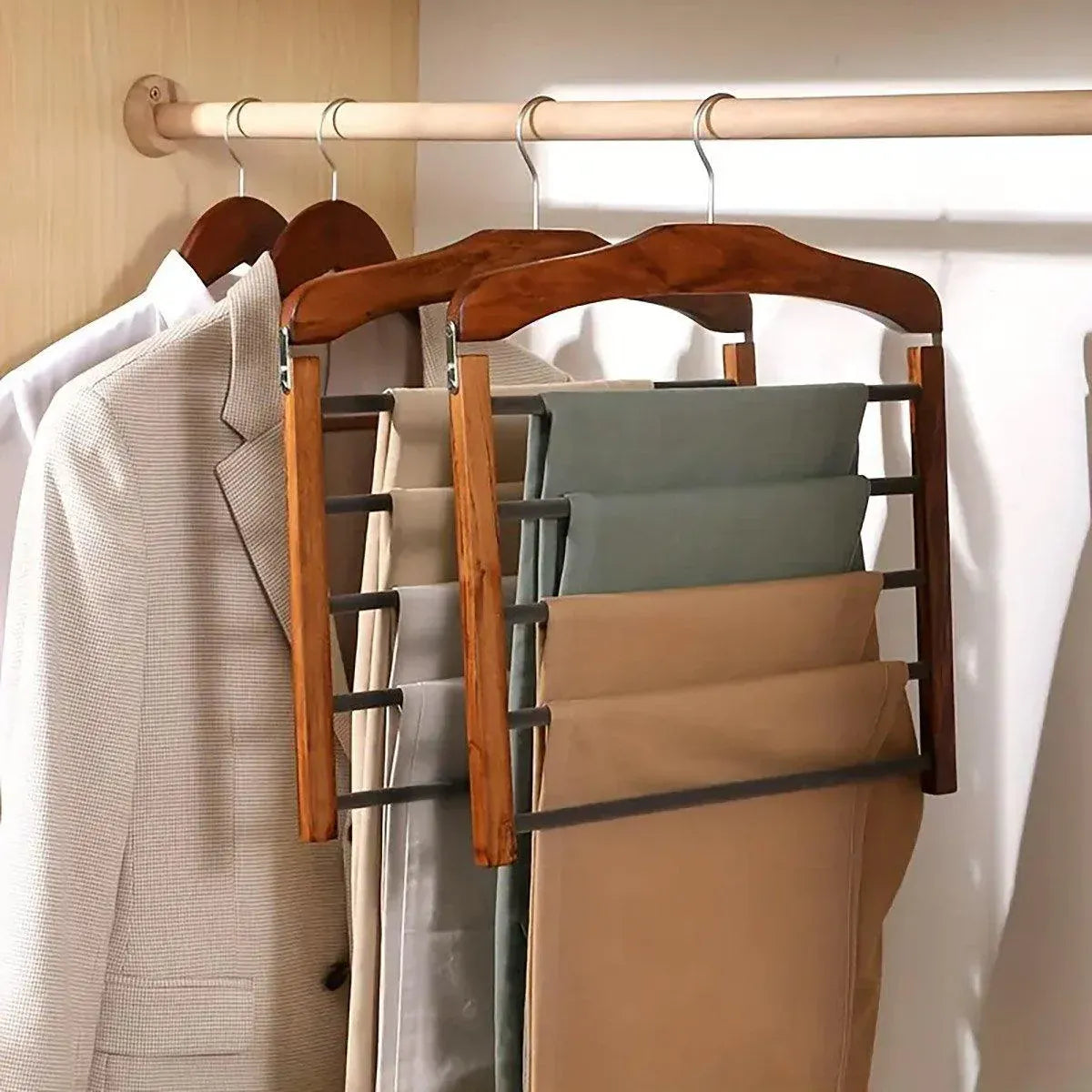 Multi Tier Wooden Trouser Rack Household Towel Rack Space Saving Pants Hanger - Retro