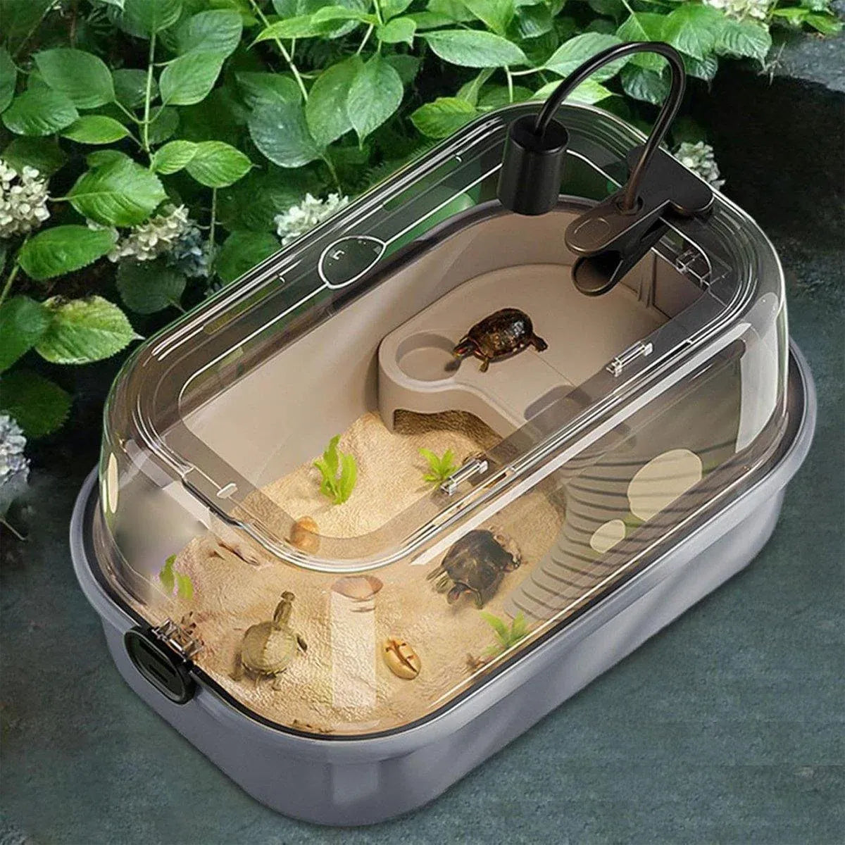 Turtle Tank Home Reptile Habitat Turtle Feeding Box Aquarium Portable Container - White