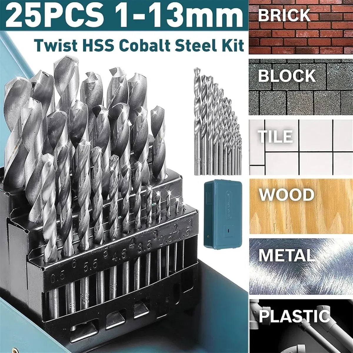Drill Bits Set Metric Metal Twist High Speed HSS Steel Case 25pcs Coated Tool