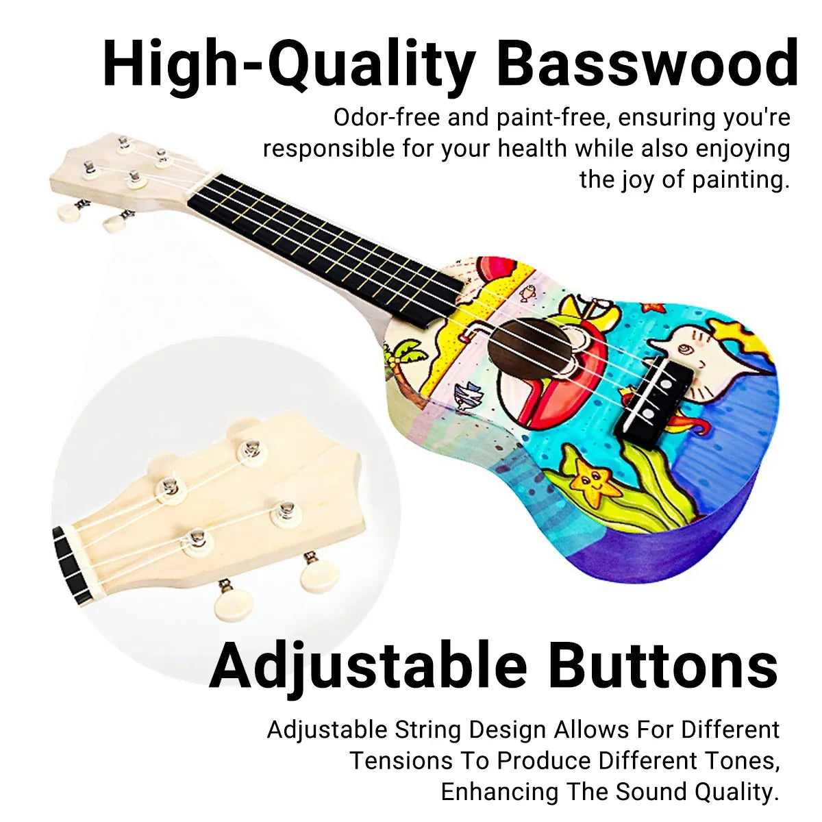 Ukulele Small Guitar with DIY Material Kit 21 Inch Wood Colour Easy to Assemble