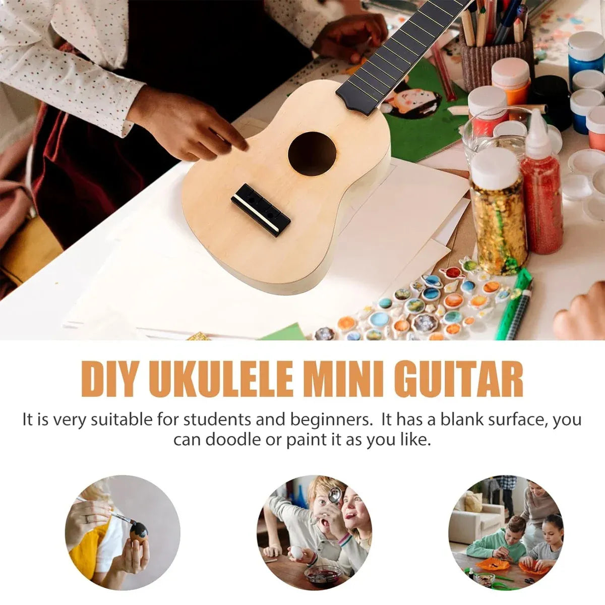 Ukulele Small Guitar with DIY Material Kit 21 Inch Wood Colour Easy to Assemble