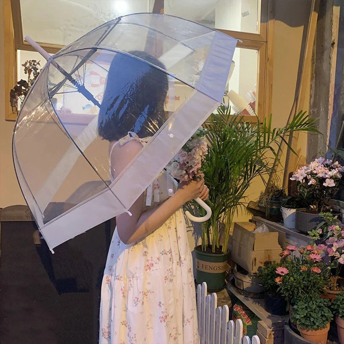 Clear Dome Umbrella Wedding Party Transparent Parasol Handle Waterproof Rain - Black