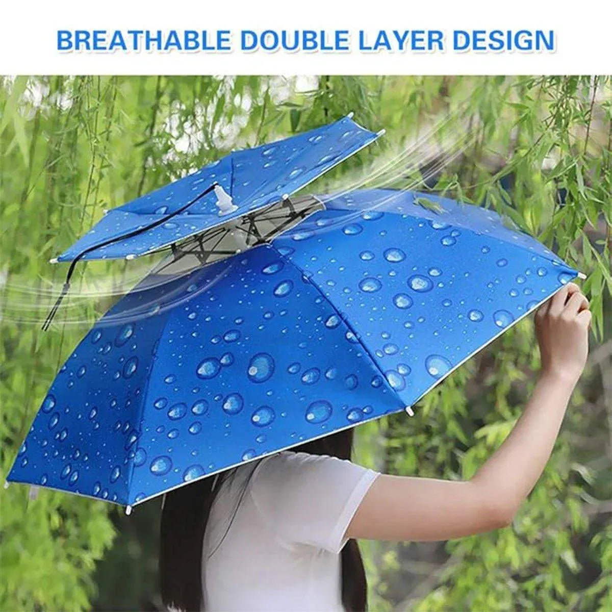 2-Layer Outdoor Foldable Sun Umbrella Hat Fishing Camping Headwear Cap Head Hat - Blue