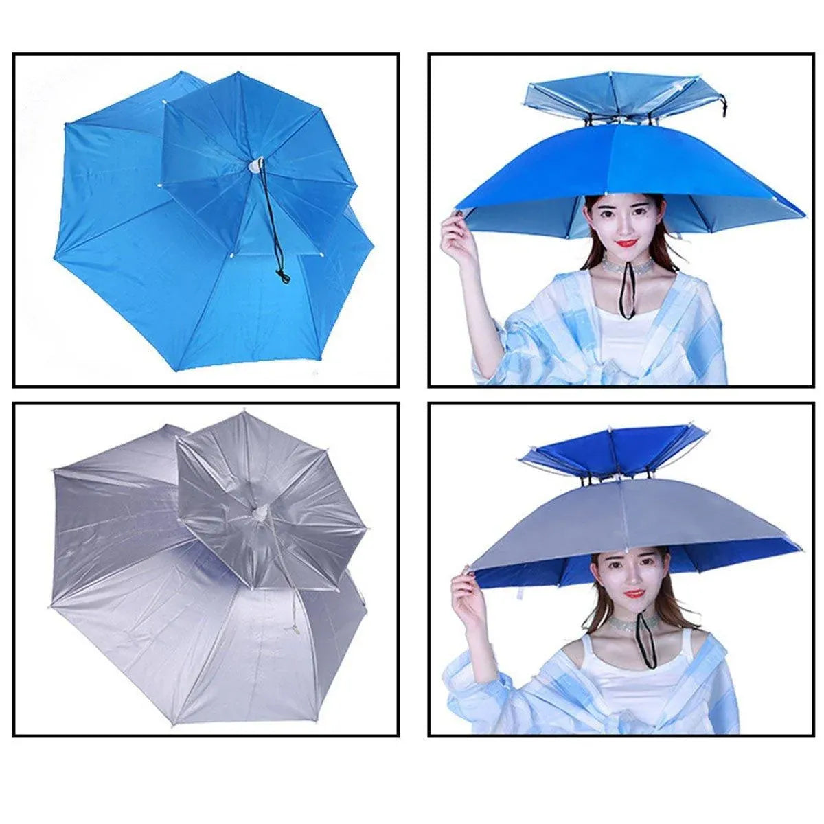 2-Layer Outdoor Foldable Sun Umbrella Hat Fishing Camping Headwear Cap Head Hat - Silver