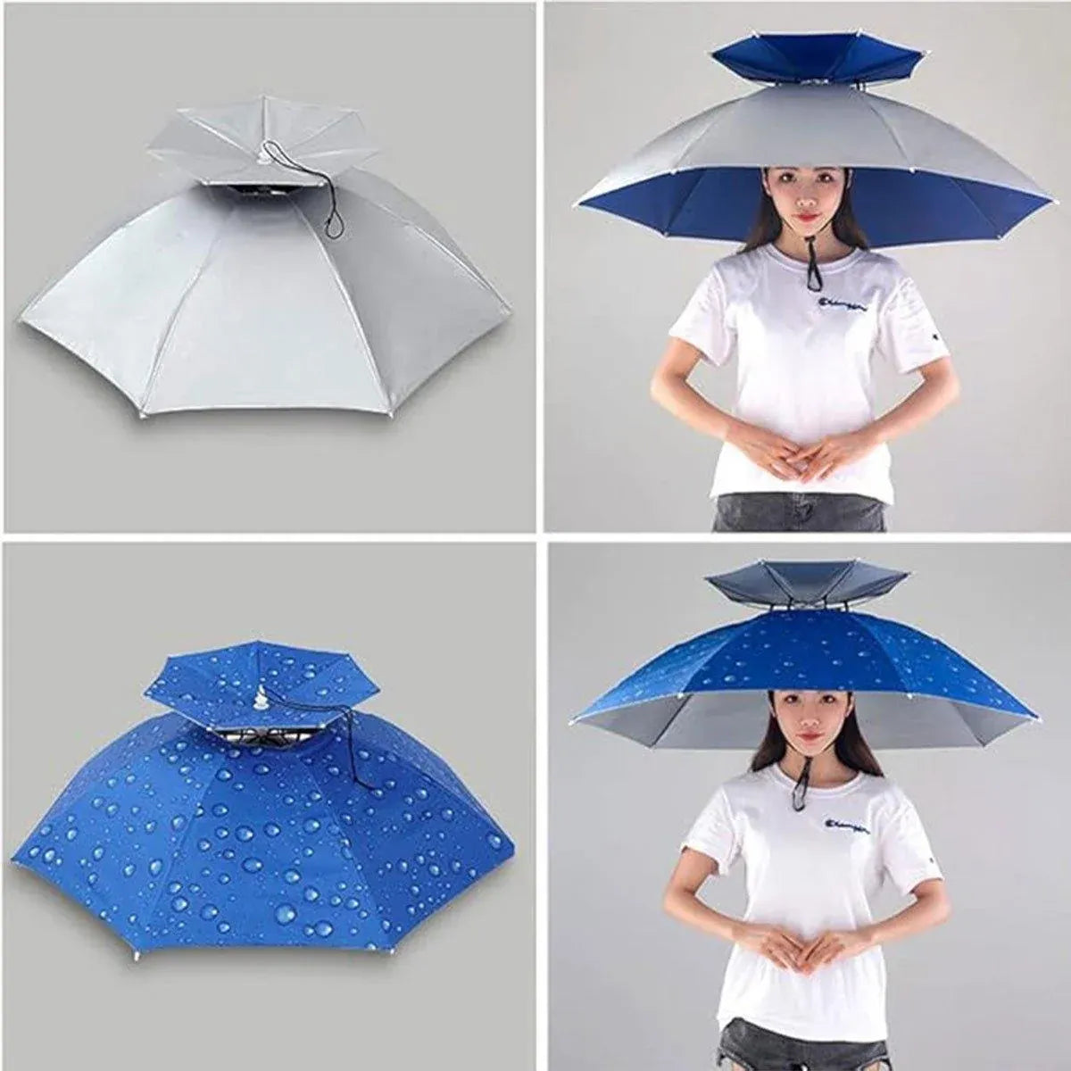 2-Layer Outdoor Foldable Sun Umbrella Hat Fishing Camping Headwear Cap Head Hat - Silver