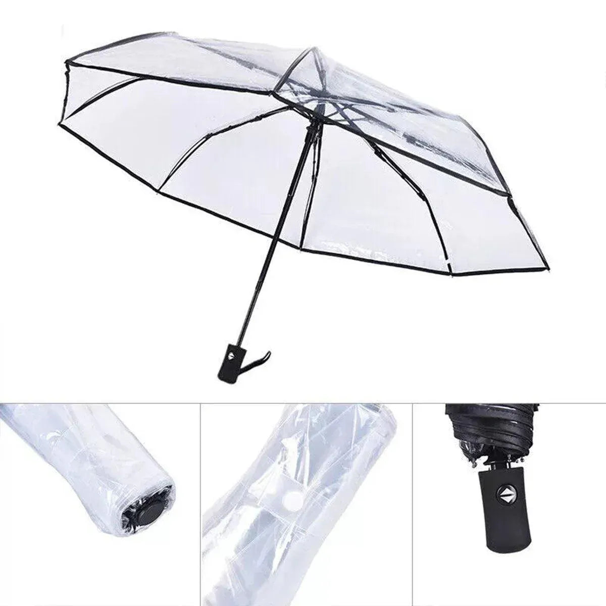 Transparent Folding Umbrella Compact Tri Fold Design Clear Rain Protection Cover - Manually operated-Pink