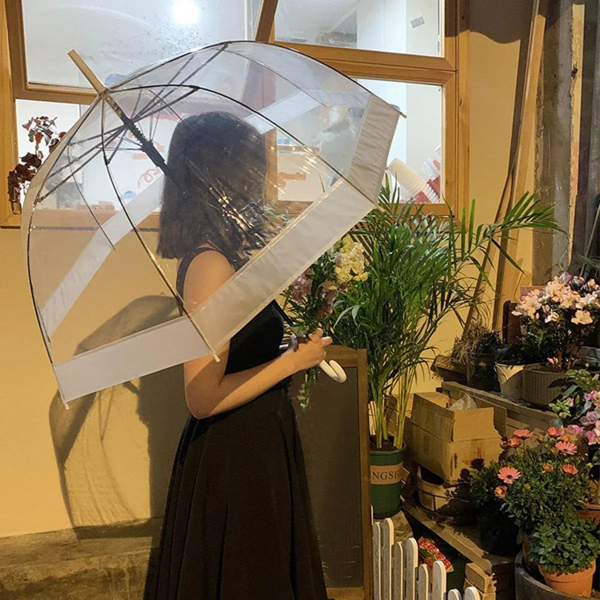 Clear Dome Umbrella Wedding Party Transparent Parasol Handle Waterproof Rain - White