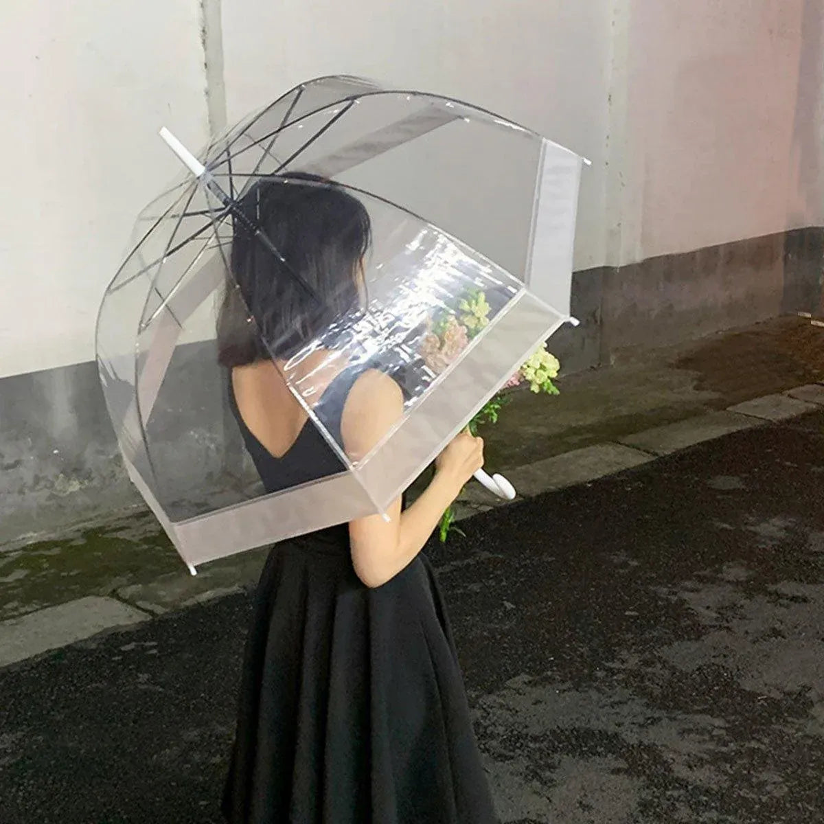 Clear Dome Umbrella Wedding Party Transparent Parasol Handle Waterproof Rain - White