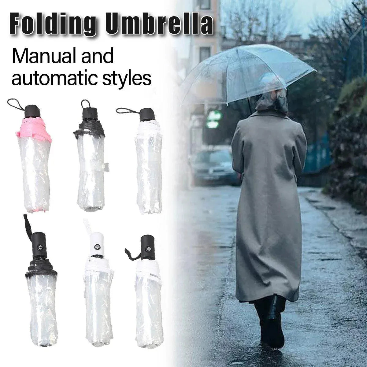 Transparent Folding Umbrella Compact Tri Fold Design Clear Rain Protection Cover - Automation-Black
