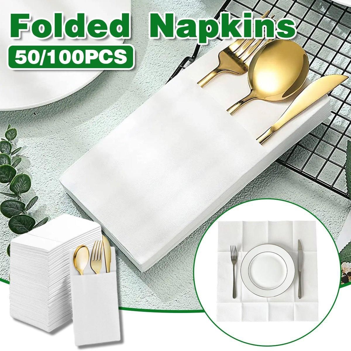 50/100PCS Disposable White Napkin Set Knife Fork Holder for Party Banquet Table - 100PCS