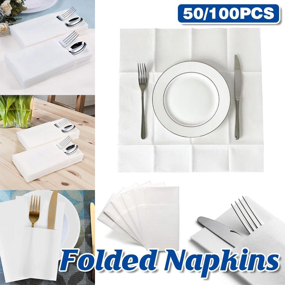 50/100PCS Disposable White Napkin Set Knife Fork Holder for Party Banquet Table - 100PCS