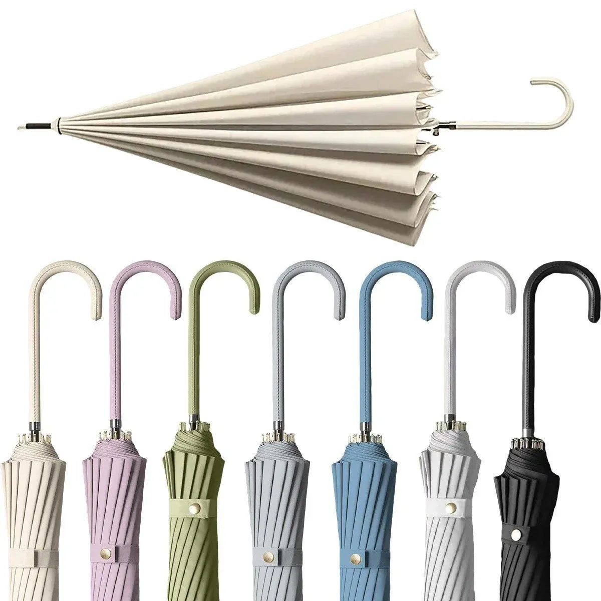 Large 16 Bone Automatic Umbrella Unisex Long Handle Dual Use Rain Sun Umbrella - Beige
