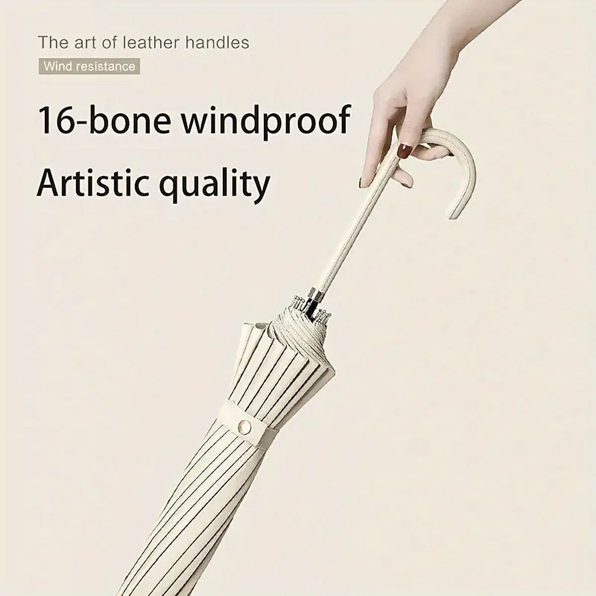 Large 16 Bone Automatic Umbrella Unisex Long Handle Dual Use Rain Sun Umbrella - Beige