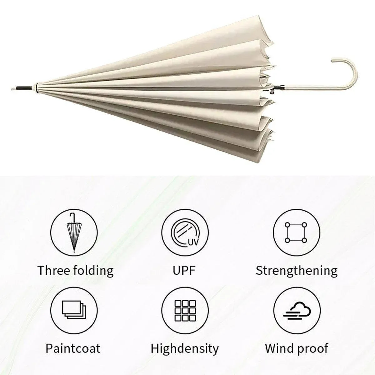 Large 16 Bone Automatic Umbrella Unisex Long Handle Dual Use Rain Sun Umbrella - Beige