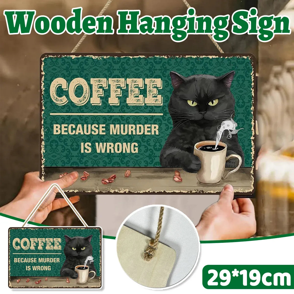 Vintage Cat Coffee Sign Wall Decoration Wooden Hanging Sign for Home Café Bar