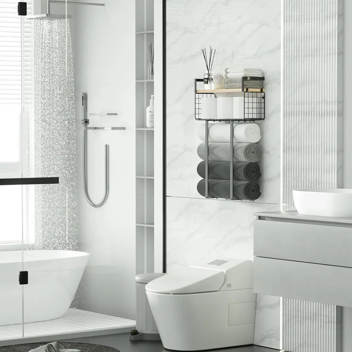 Wall Mounted Bathroom Towel Rack Storage Shelf Multifunctional Holder Organizer