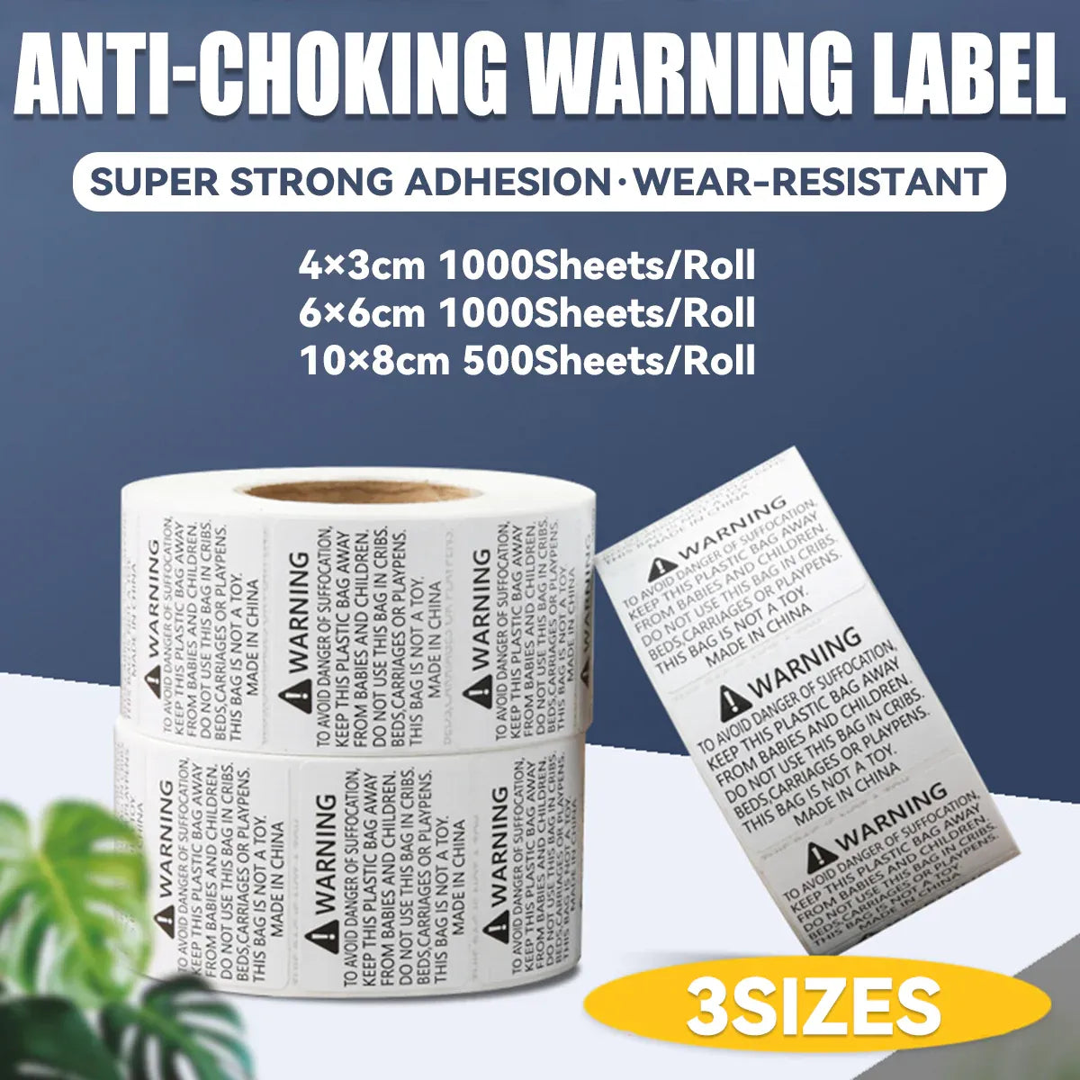 Suffocation Warning Labels Roll 3 Sizes Available Strong Water-Based Adhesive - 10x8cm