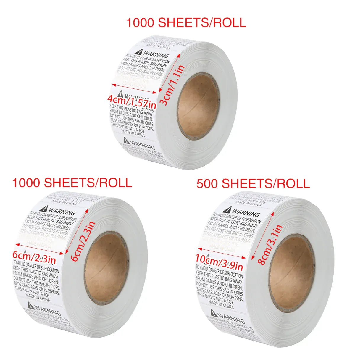 Suffocation Warning Labels Roll 3 Sizes Available Strong Water-Based Adhesive - 10x8cm