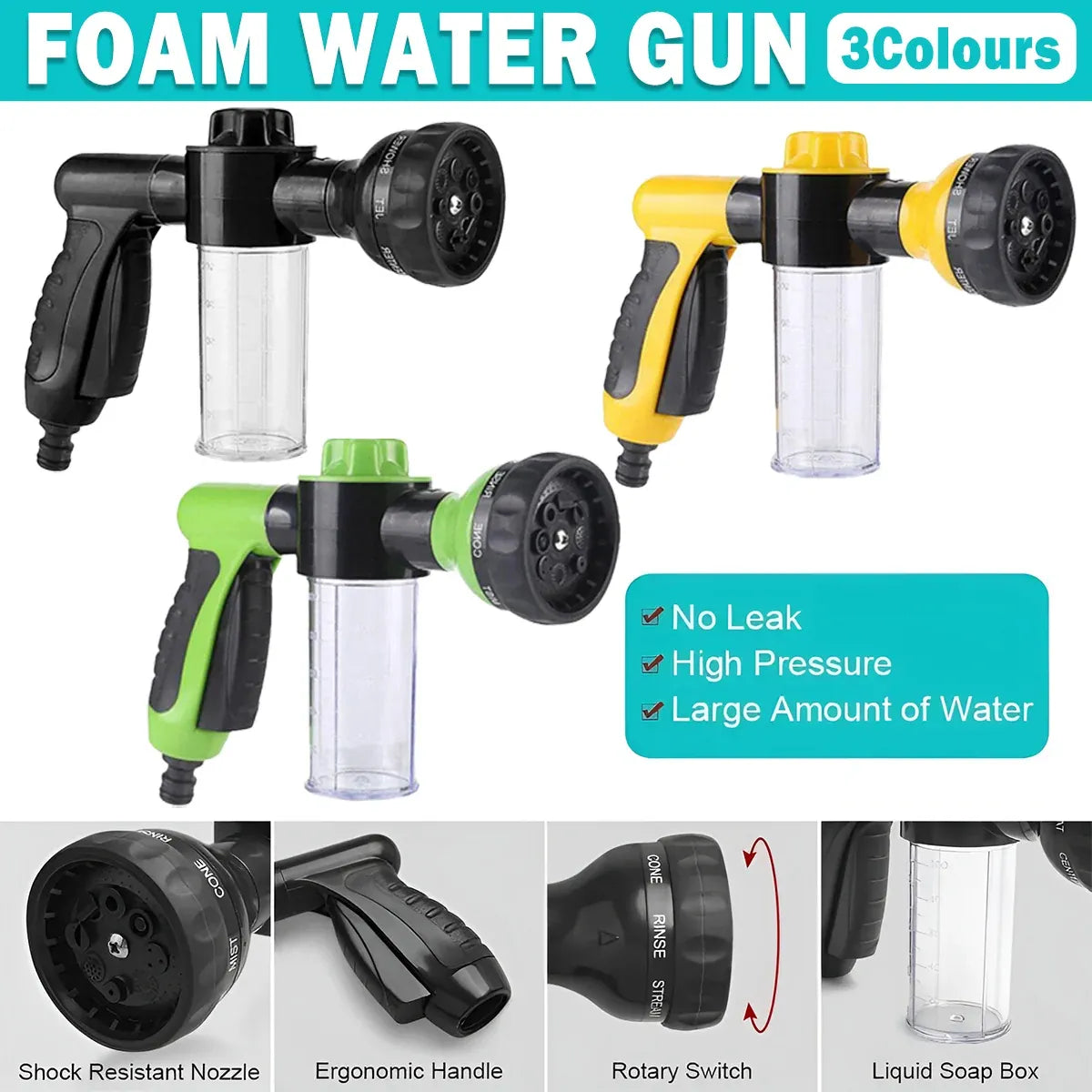 Washing Nozzle Plant Pet Hose 8-Mode Garden Car Water Foam Sprayer Soap Dispenser - Black