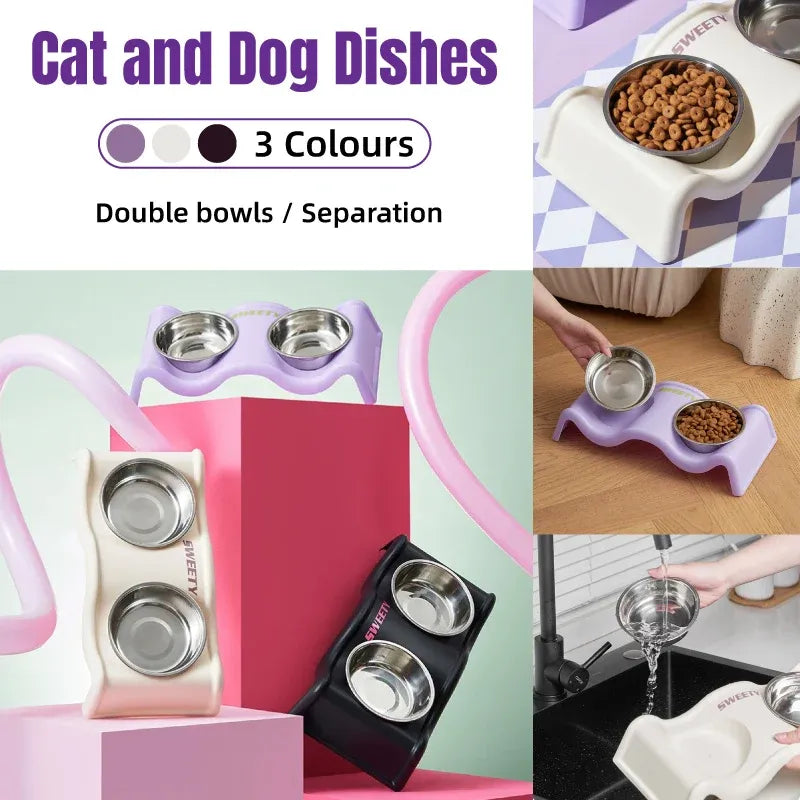 Pet Bowls Stainless Steel Double Bowl Wavy Cat Dog Feeding Dish Nonslip Base - Purple