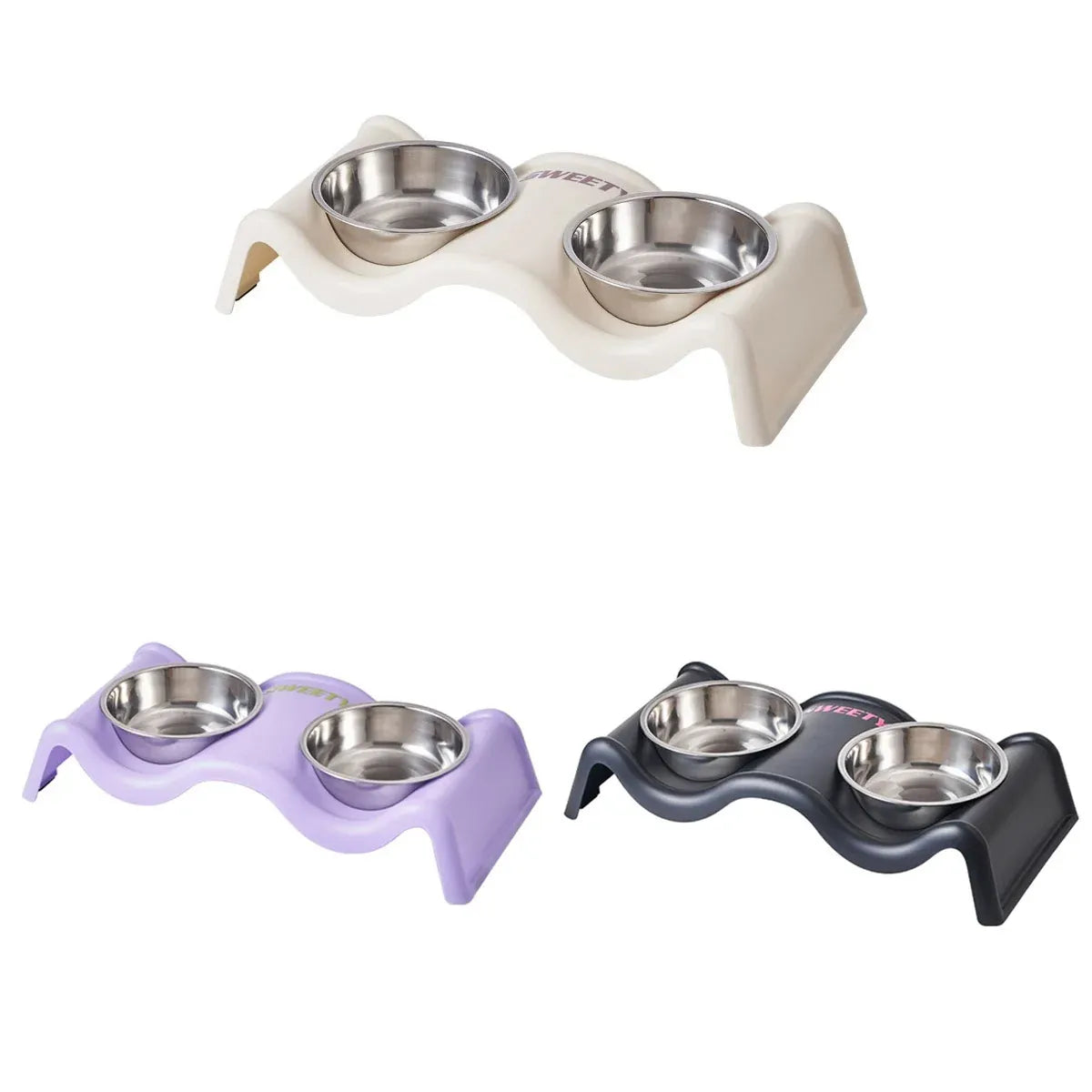 Pet Bowls Stainless Steel Double Bowl Wavy Cat Dog Feeding Dish Nonslip Base - Purple