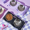 Pet Bowls Stainless Steel Double Bowl Wavy Cat Dog Feeding Dish Nonslip Base - Purple