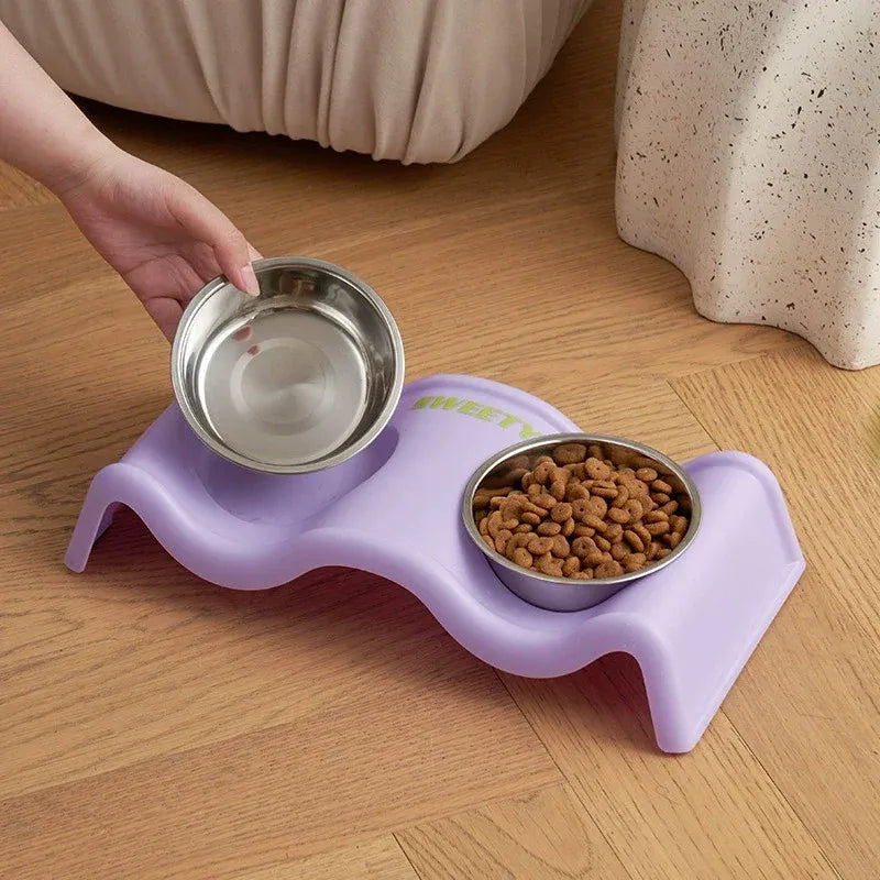 Pet Bowls Stainless Steel Double Bowl Wavy Cat Dog Feeding Dish Nonslip Base - Purple