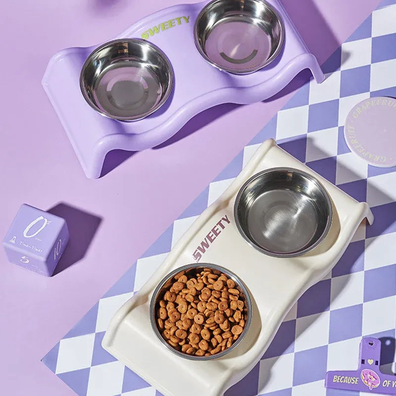 Pet Bowls Stainless Steel Double Bowl Wavy Cat Dog Feeding Dish Nonslip Base - Purple