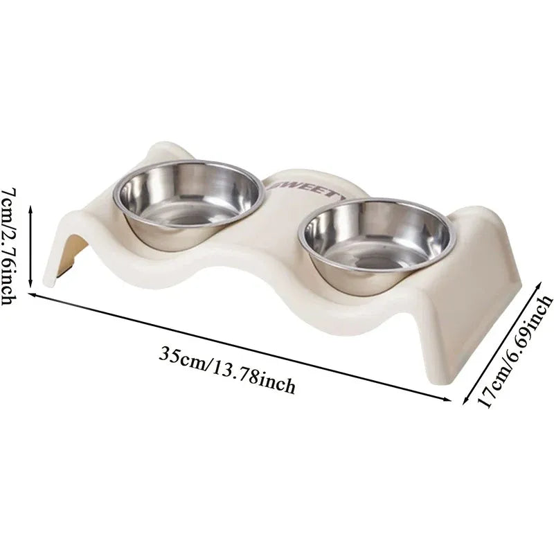 Pet Bowls Stainless Steel Double Bowl Wavy Cat Dog Feeding Dish Nonslip Base - White