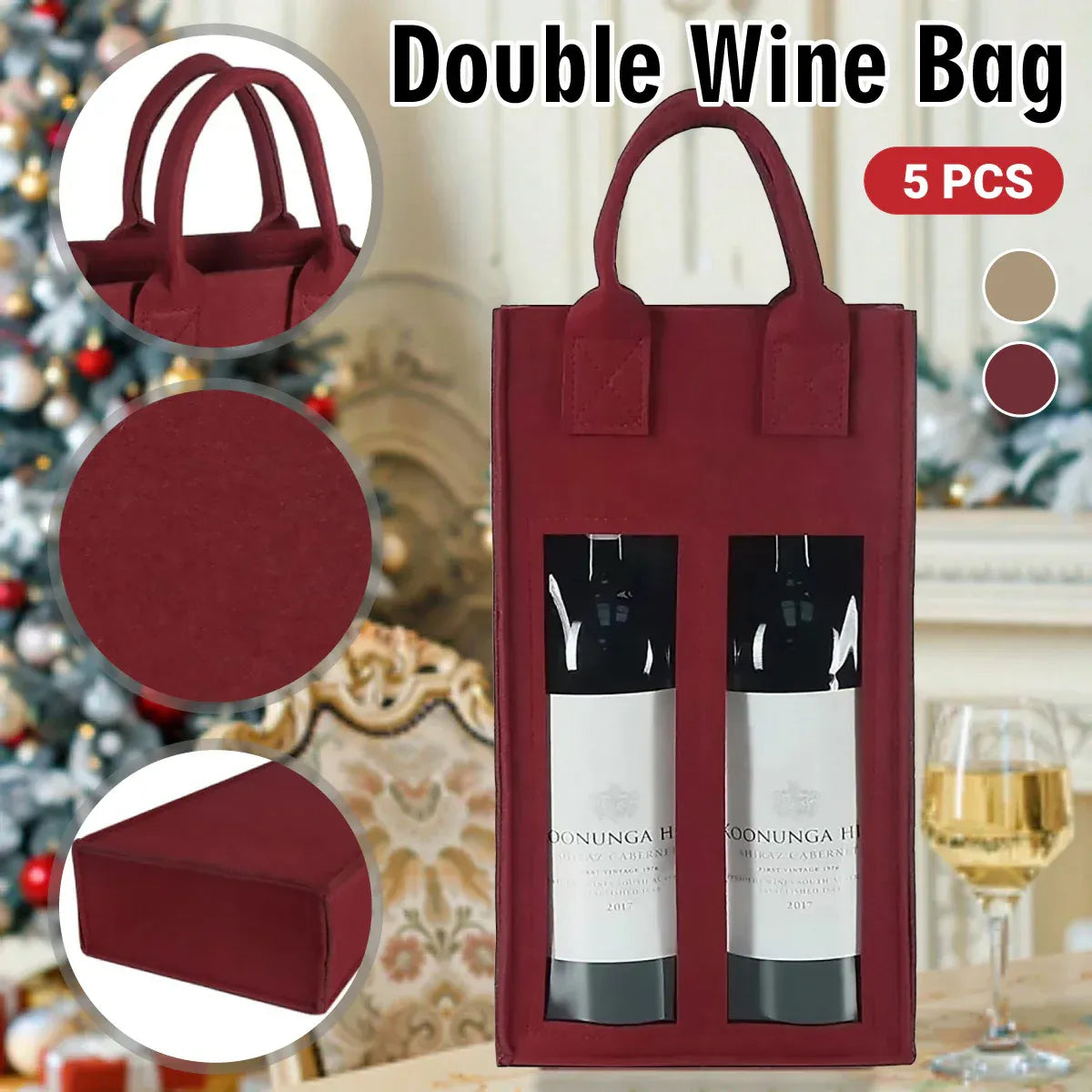 5PCS Handheld Wine Gift Bags Double-Bottle Design with Clear Window Portable - Beige