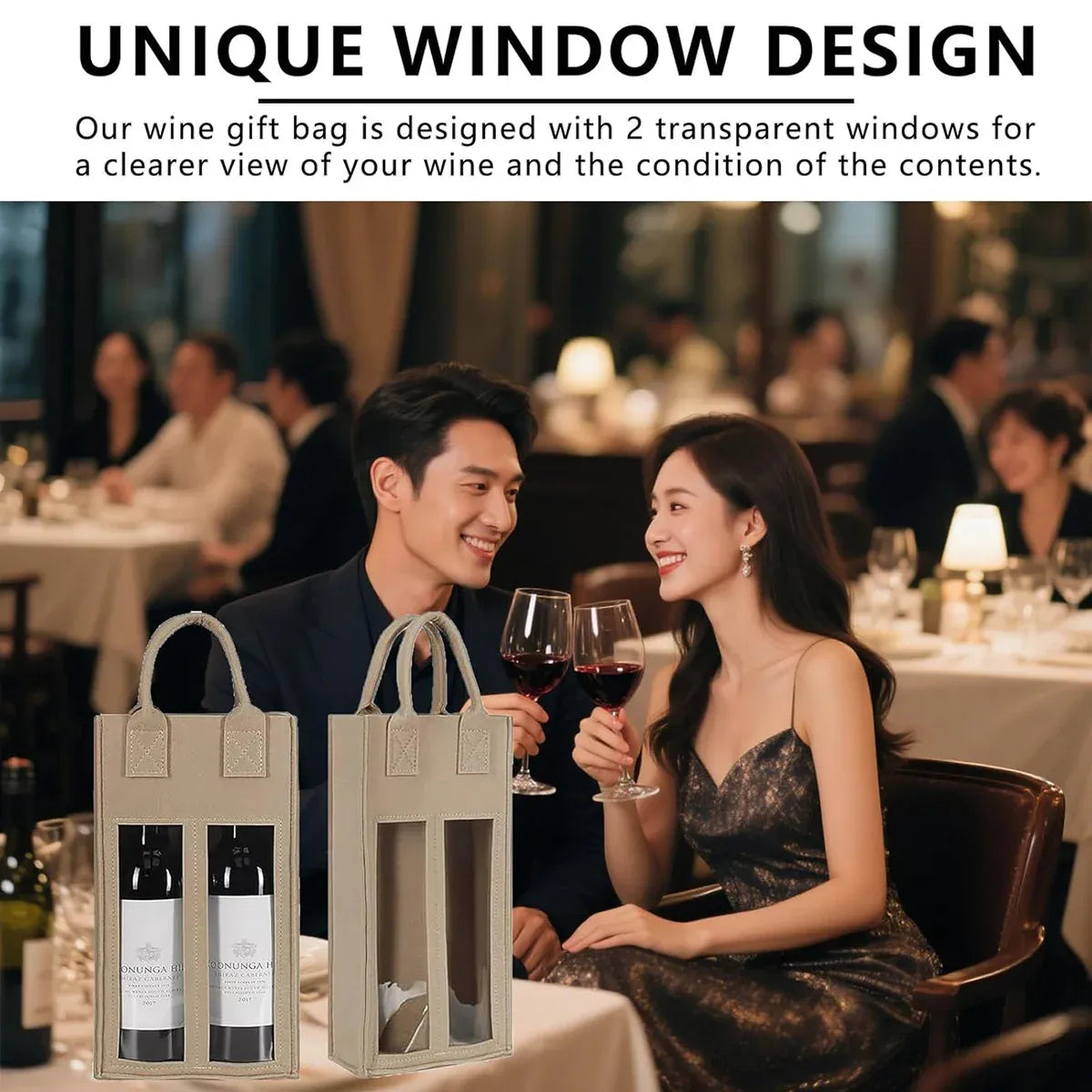 5PCS Handheld Wine Gift Bags Double-Bottle Design with Clear Window Portable - Beige