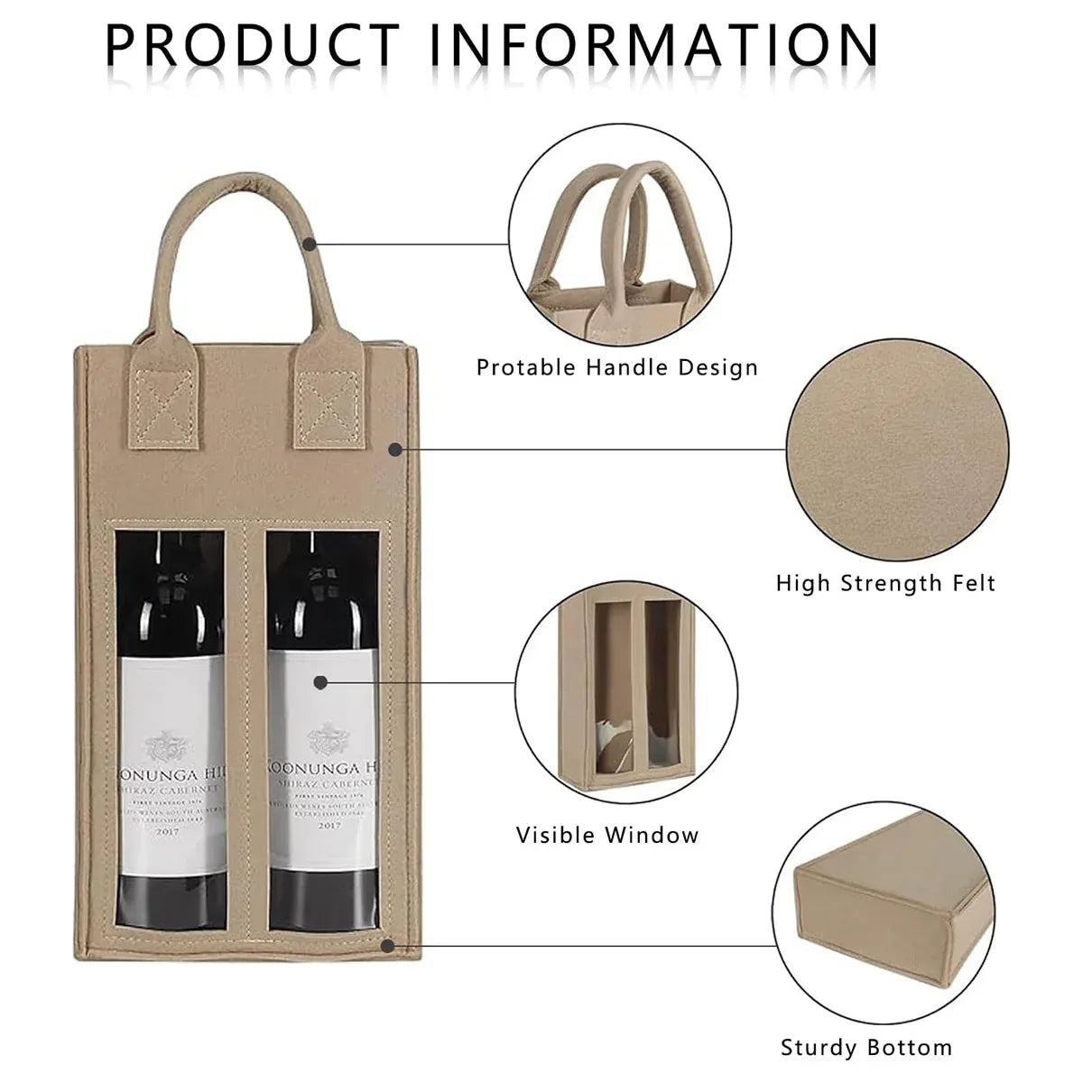5PCS Handheld Wine Gift Bags Double-Bottle Design with Clear Window Portable - Beige