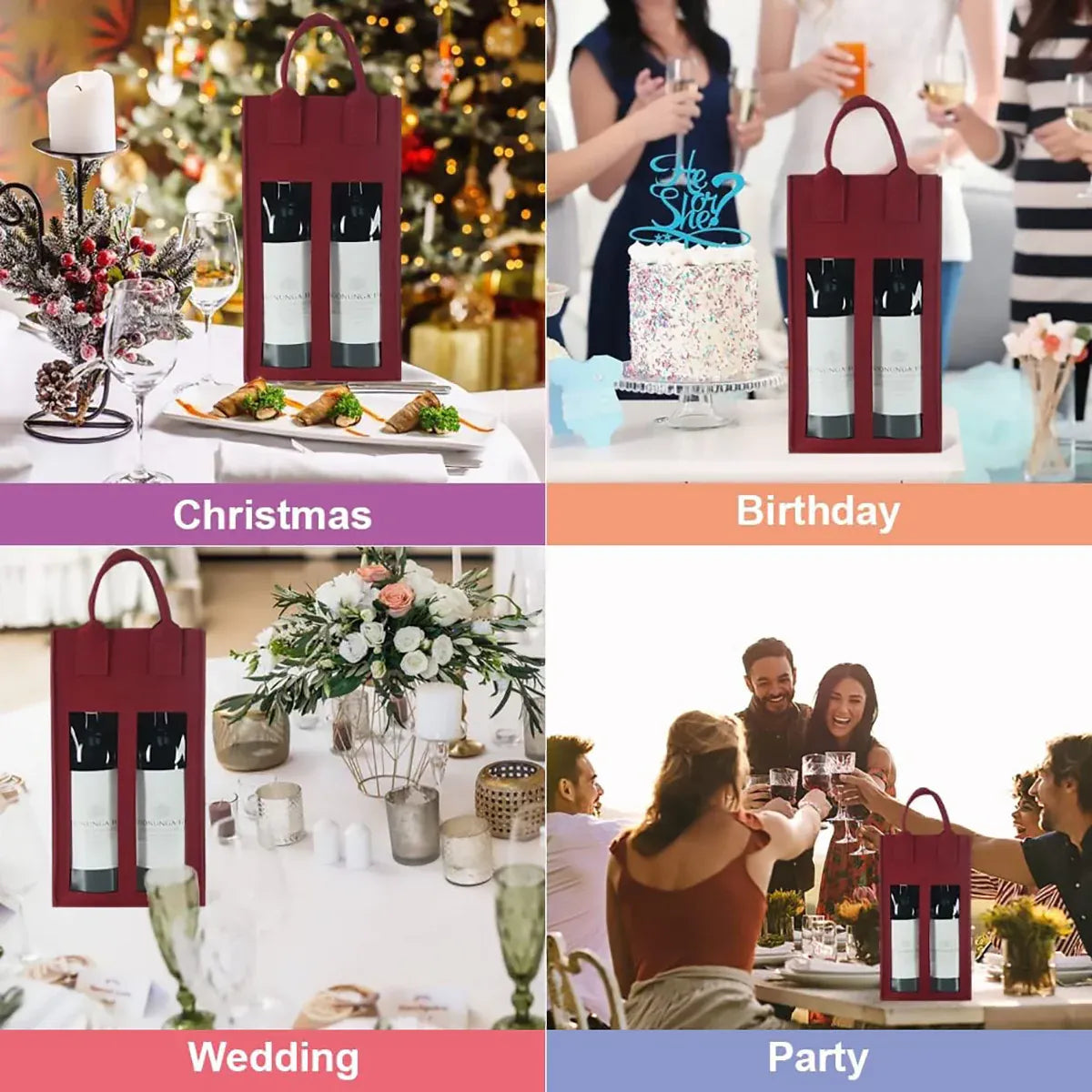 5PCS Handheld Wine Gift Bags Double-Bottle Design with Clear Window Portable - Beige