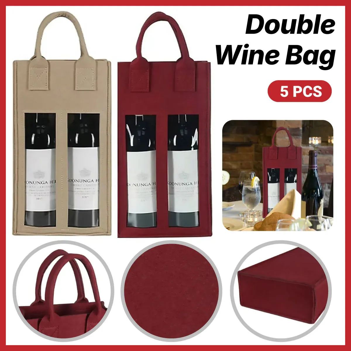 5PCS Handheld Wine Gift Bags Double-Bottle Design with Clear Window Portable - Beige