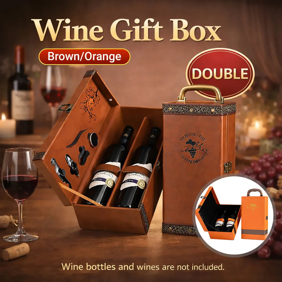 Portable Wine Gift Box Double Bottle with 4 Wine Accessories for Party - Brown