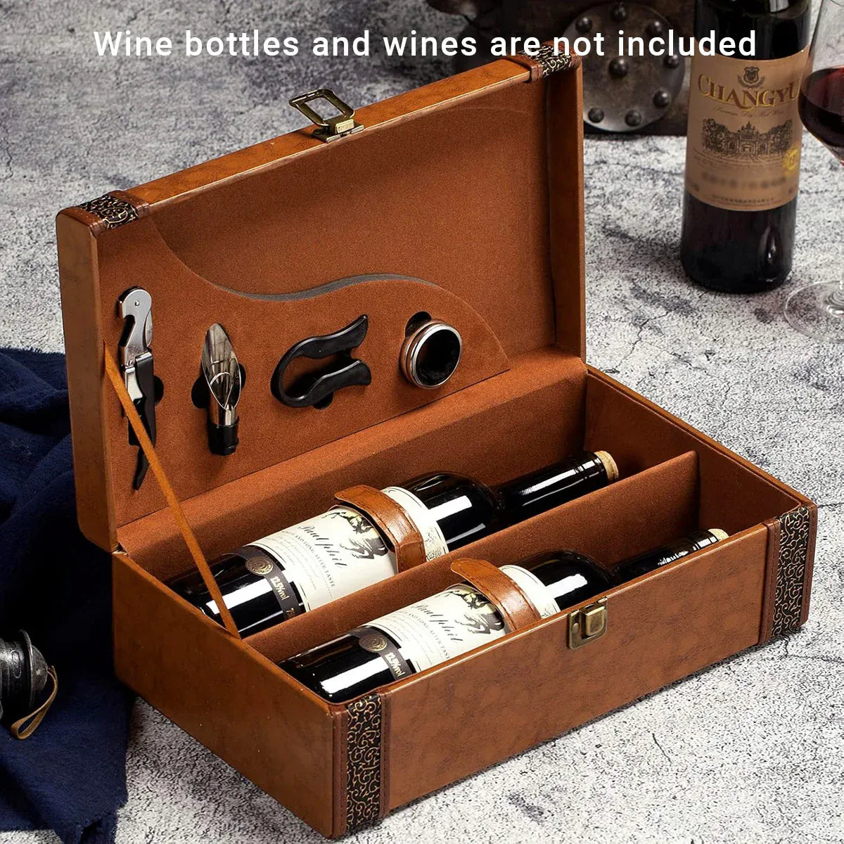 Portable Wine Gift Box Double Bottle with 4 Wine Accessories for Party - Brown