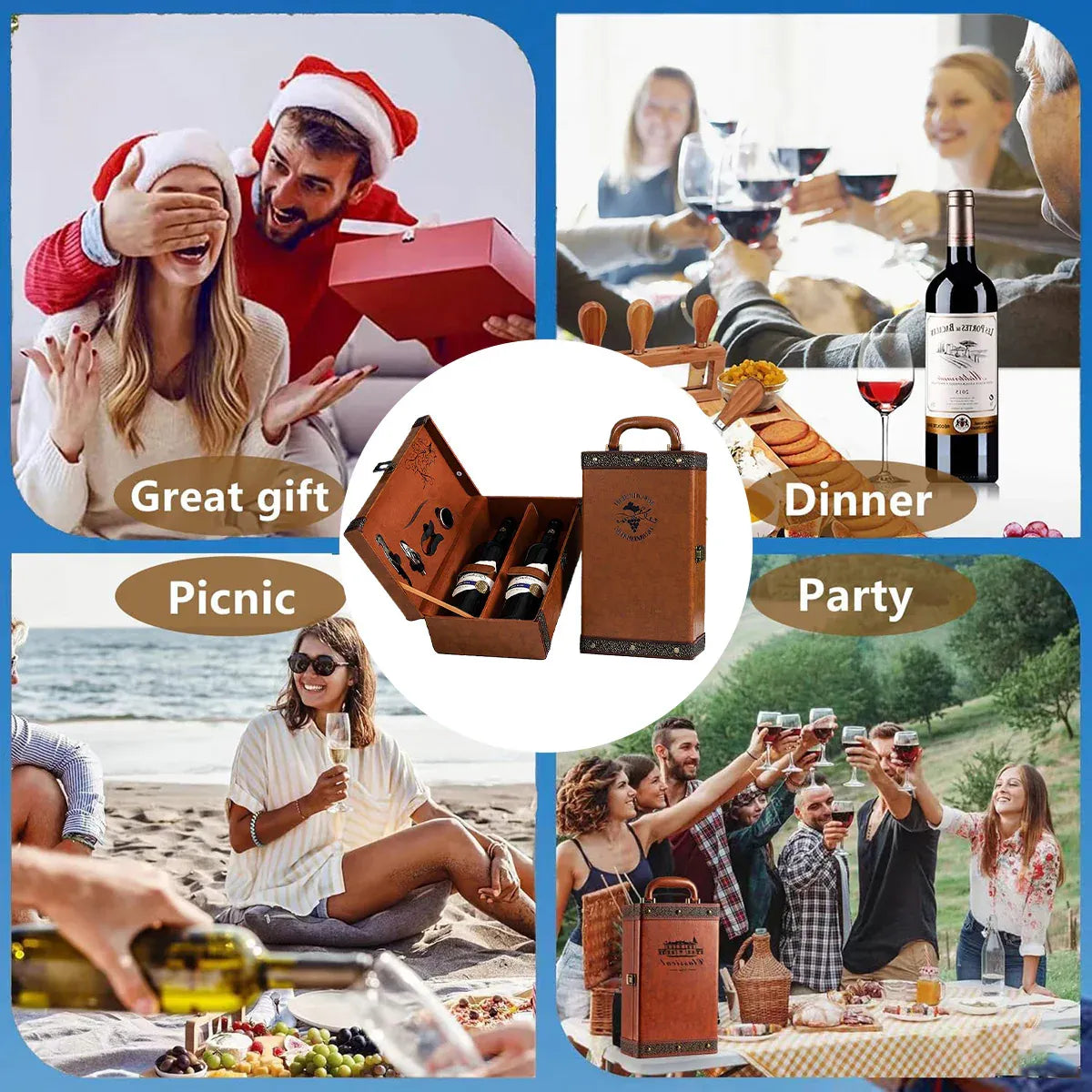 Portable Wine Gift Box Double Bottle with 4 Wine Accessories for Party - Brown