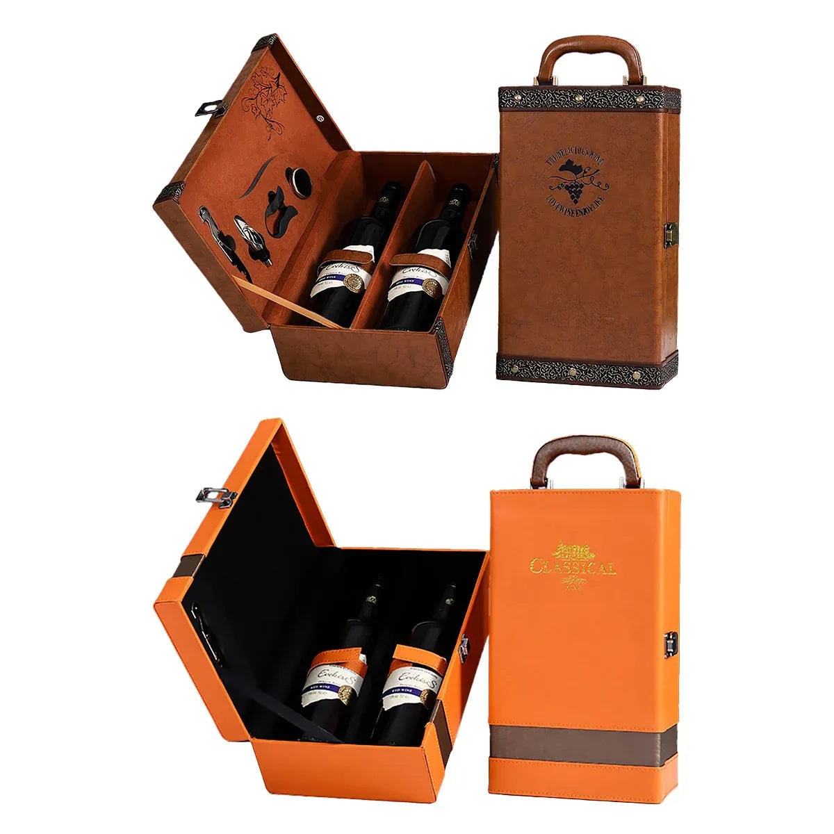 Portable Wine Gift Box Double Bottle with 4 Wine Accessories for Party - Orange