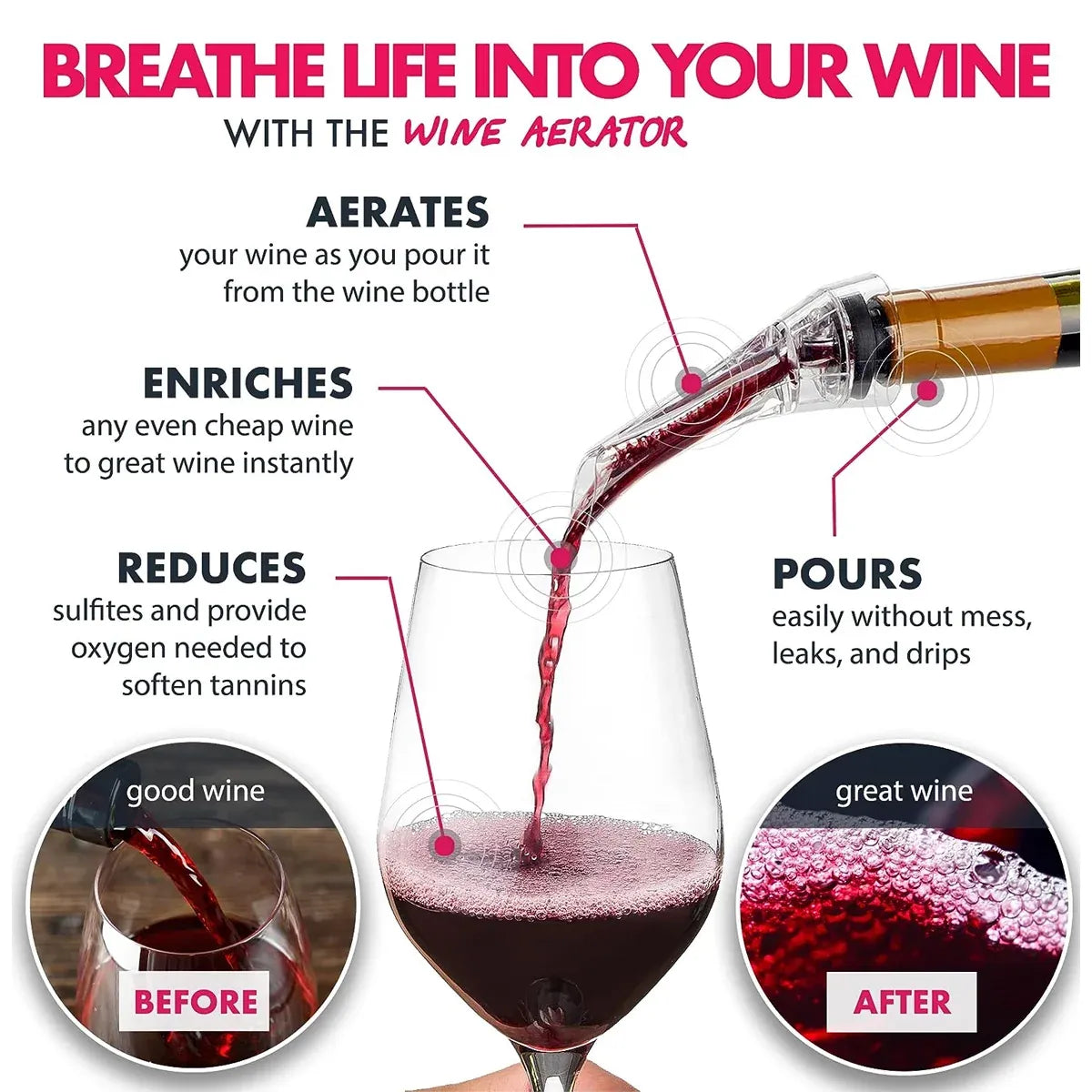 Wine Aerator Pourer with Gift Box Fast Red Wine Air Infusion Single or Three Piece Set - 3-Piece Aerator Set