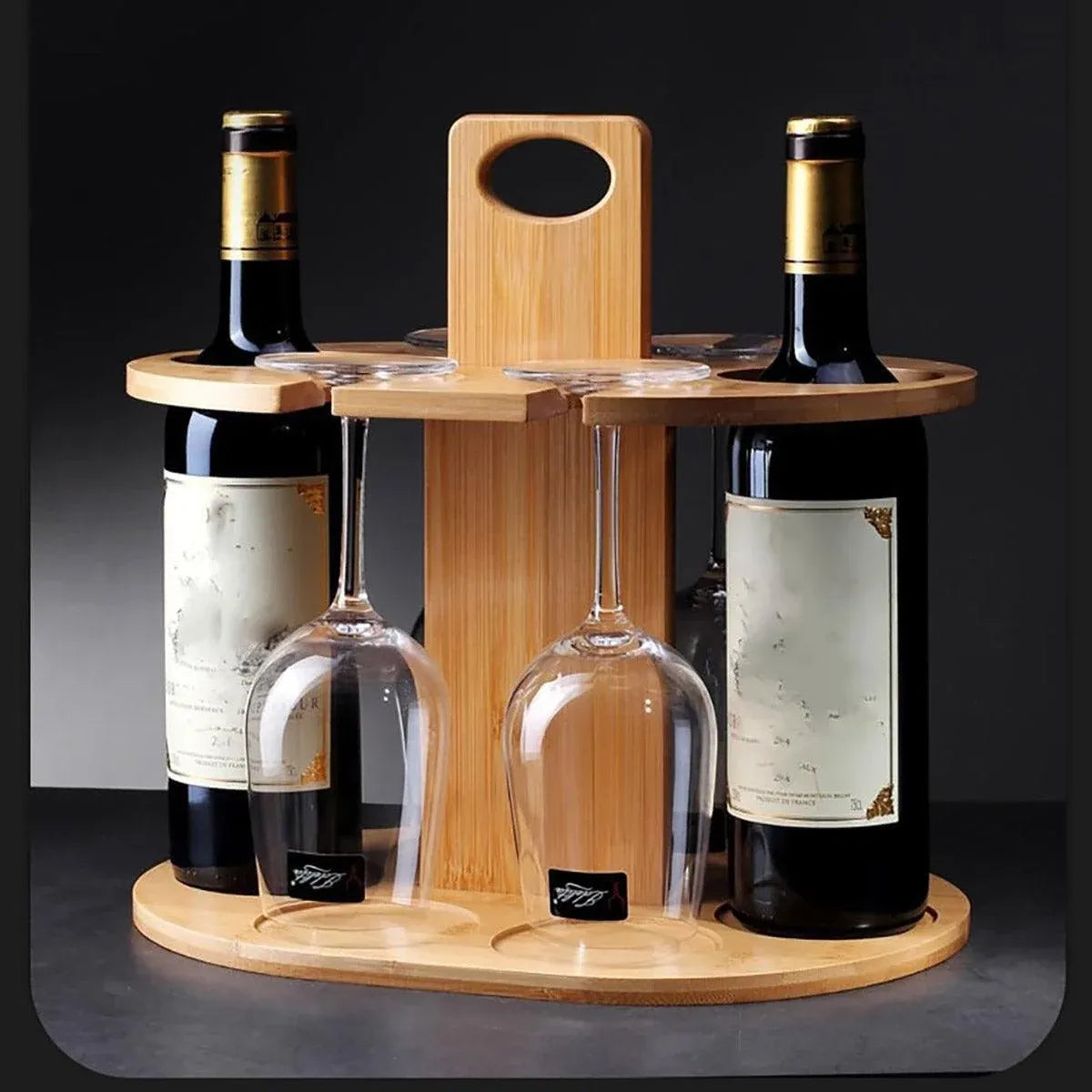Wooden Wine Rack Free Standing 2Bottles with 4Glasses Holder Bamboo Wine Storage