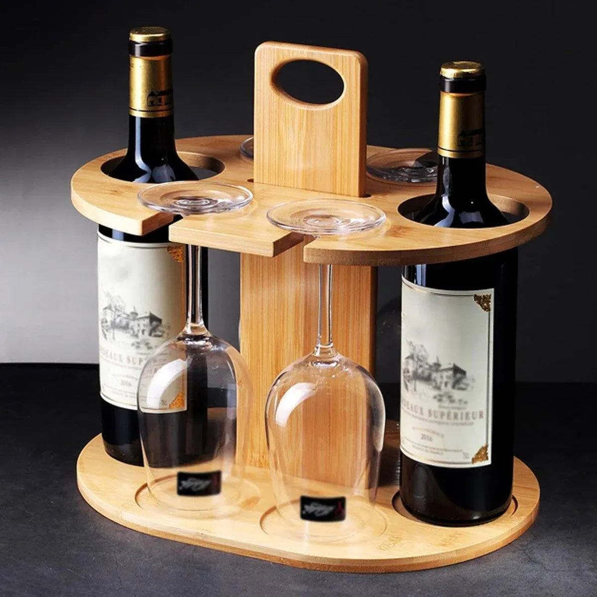 Wooden Wine Rack Free Standing 2Bottles with 4Glasses Holder Bamboo Wine Storage