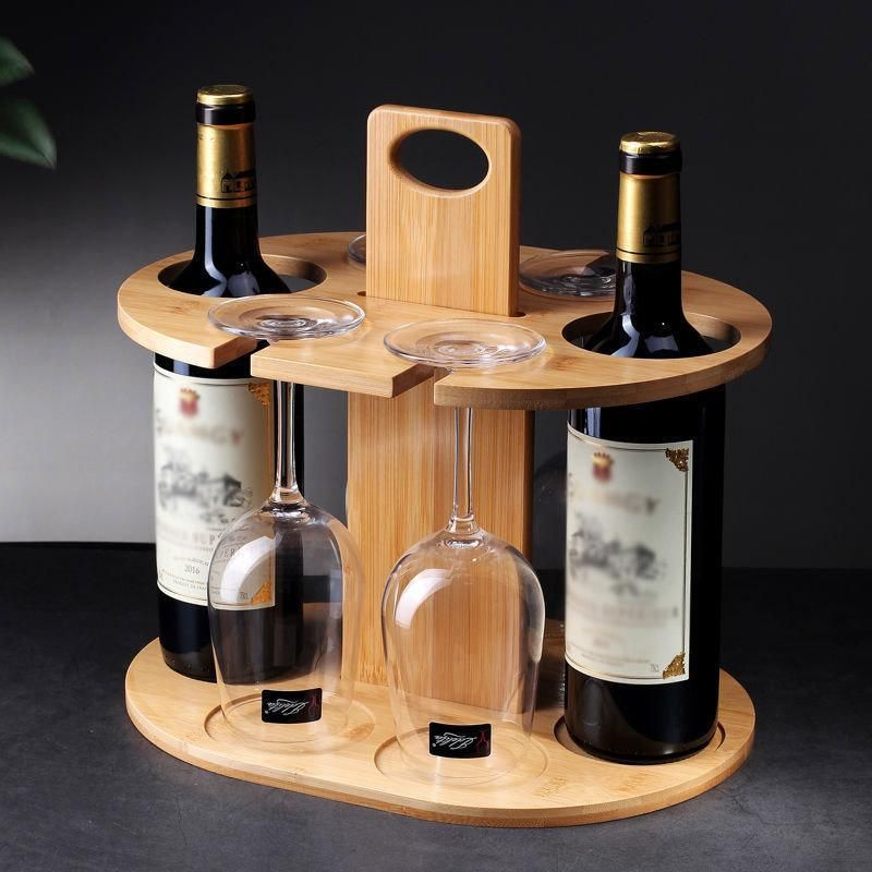 Wooden Wine Rack Free Standing 2Bottles with 4Glasses Holder Bamboo Wine Storage