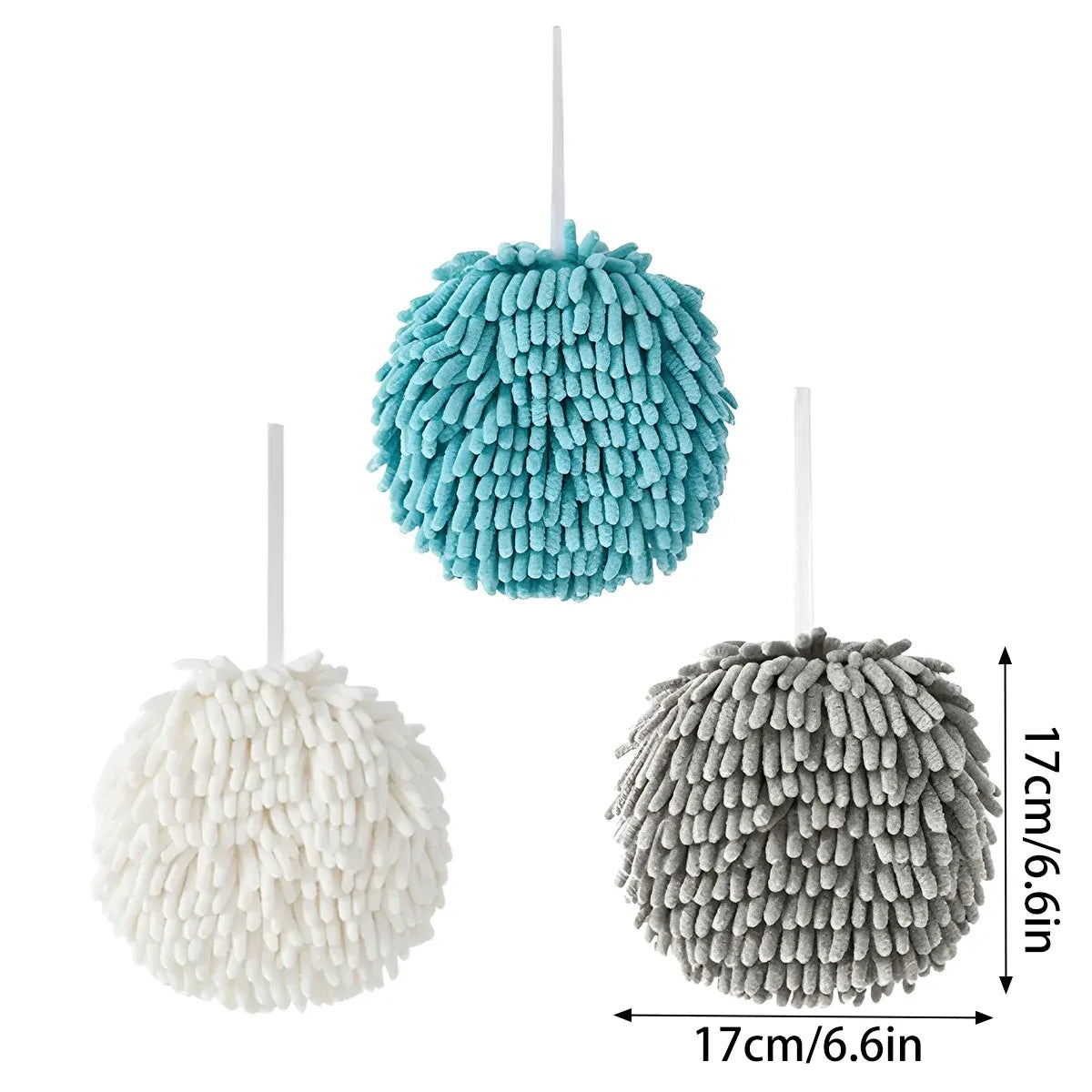 Chenille Hand Towel Ball 3PCS Absorbent Quick Dry Hanging Loop 17 x 17cm