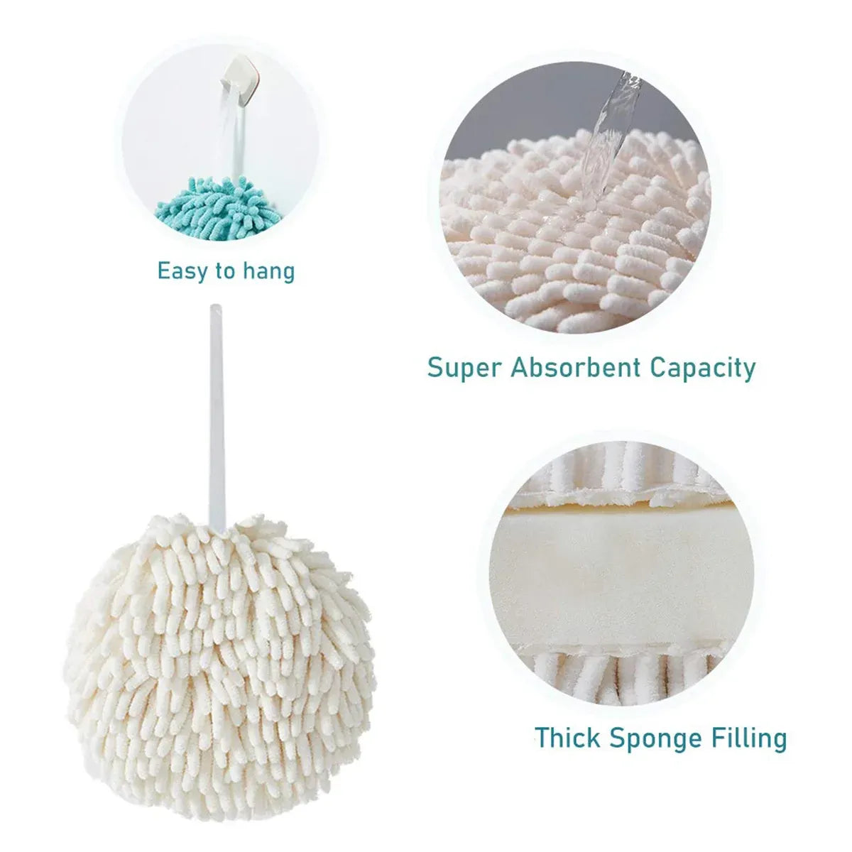 Chenille Hand Towel Ball 3PCS Absorbent Quick Dry Hanging Loop 17 x 17cm