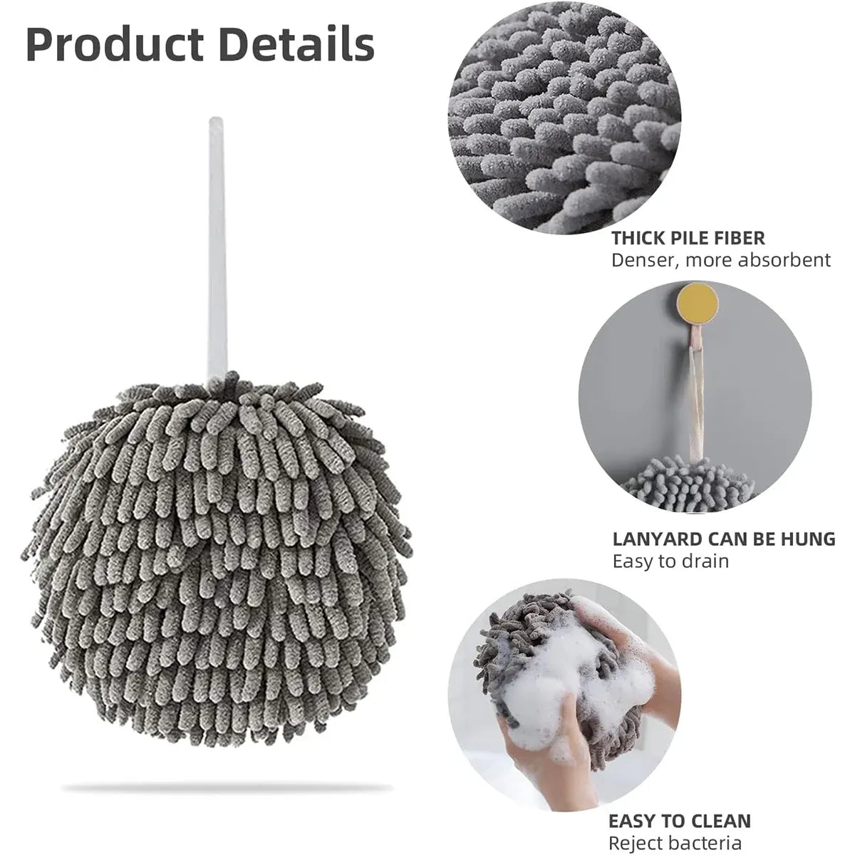 Chenille Hand Towel Ball 3PCS Absorbent Quick Dry Hanging Loop 17 x 17cm